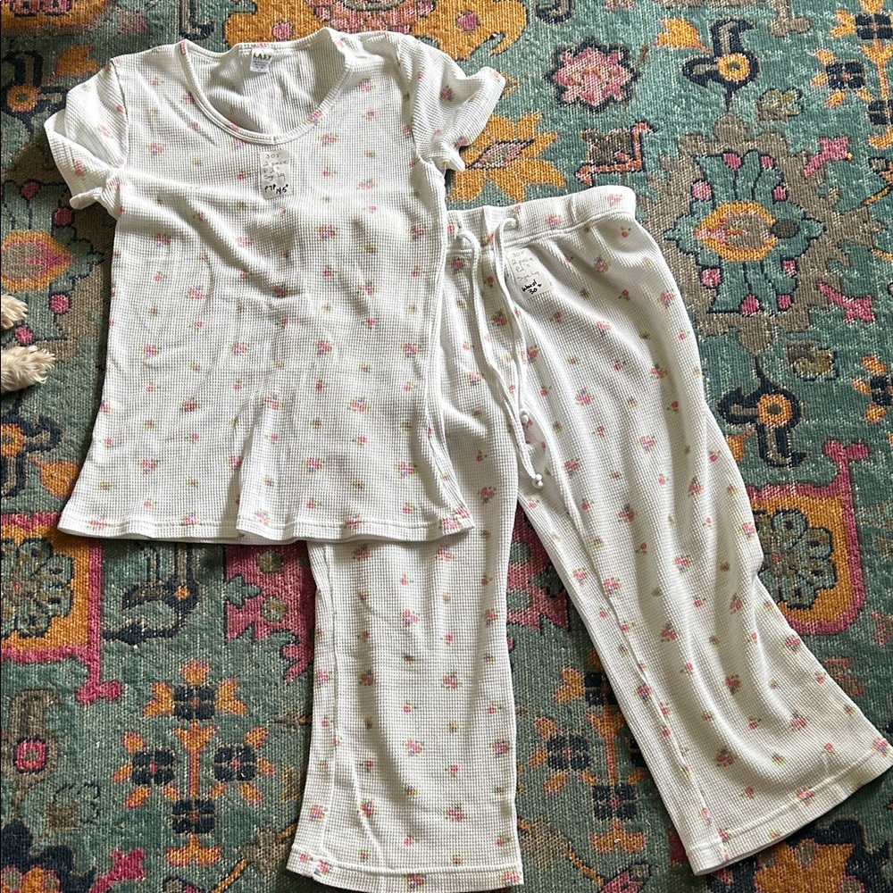 Women's White Pajama Set with Pink Floral Pattern